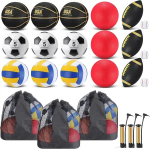 Adults Gift Back to School Leyndo 18 Pcs Bulk Sport Balls Washington Set Basketball Football Volleyball Soccer Playground Baseball Outdoor Sport Equipment Ball Bag Pump for Youth 