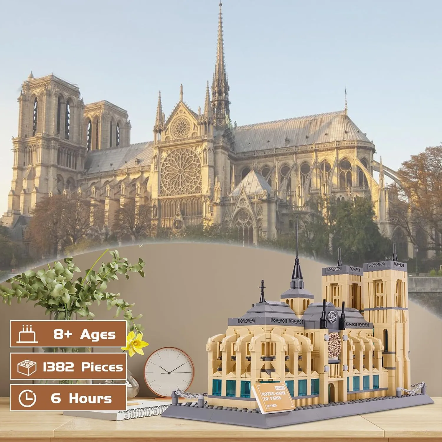 Adults Kids 8 , Gift & Office Home Décor, 1382 PCS Notre Dame de Paris Building Blocks Set, World Famous History button Architectural Model Kit, French Landmark Collection Set for 