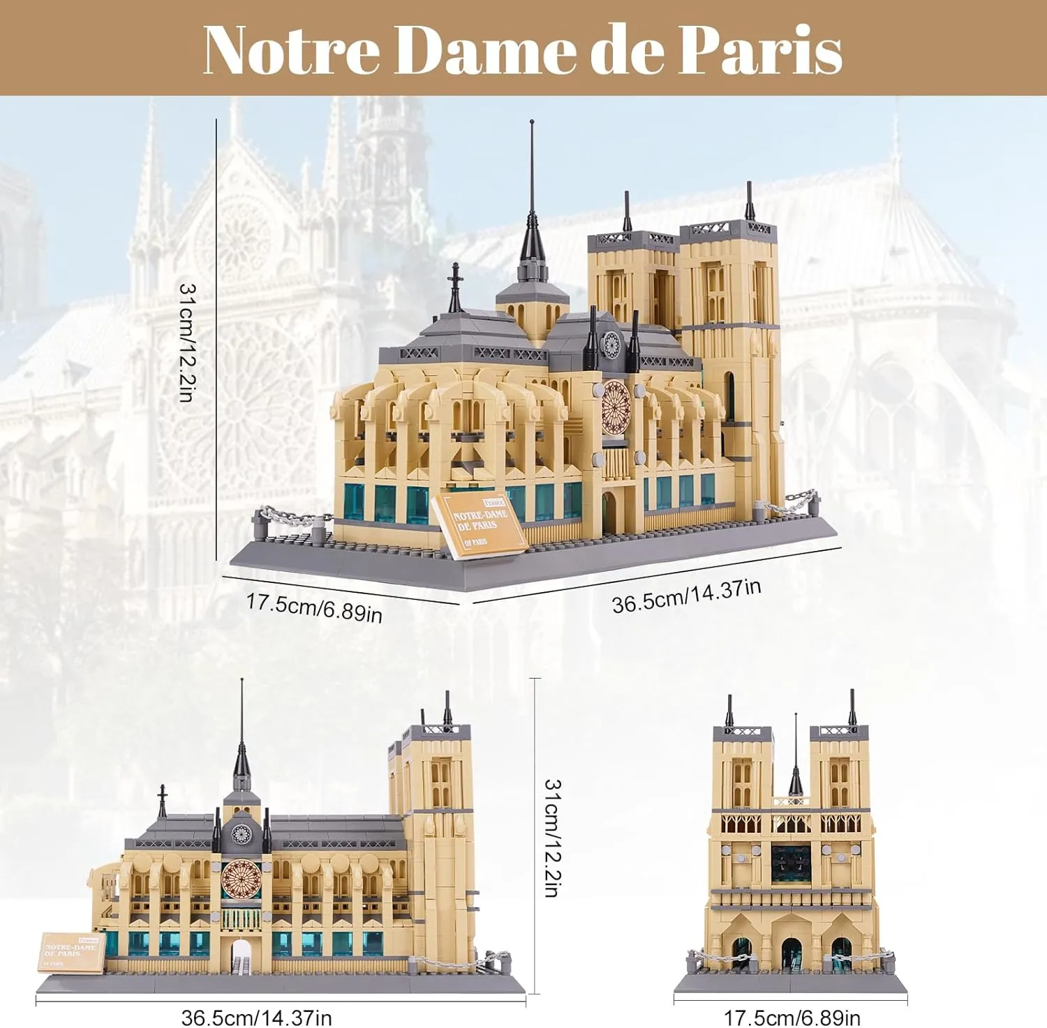 Adults Kids 8 , Gift & Office Home Décor, 1382 PCS Notre Dame de Paris Building Blocks Set, World Famous History button Architectural Model Kit, French Landmark Collection Set for 