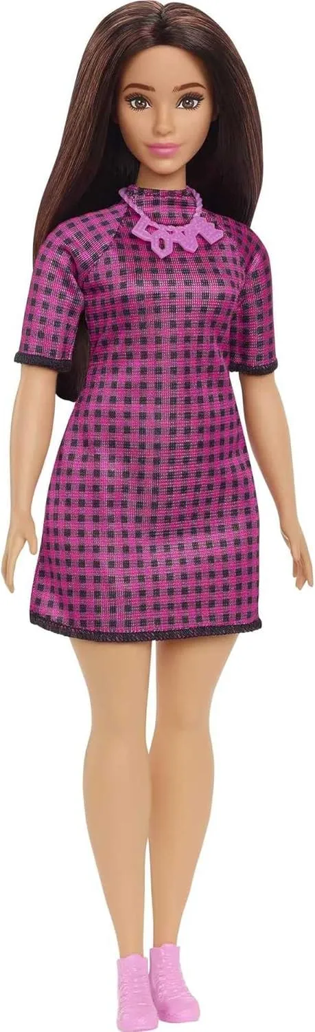 & Accessories Including Pink Sneakers & Necklace Barbie Fashionistas Doll #188, Curvy with Black Hair, rebate lull gauge bathhouse gravitation status Checkered Dress 