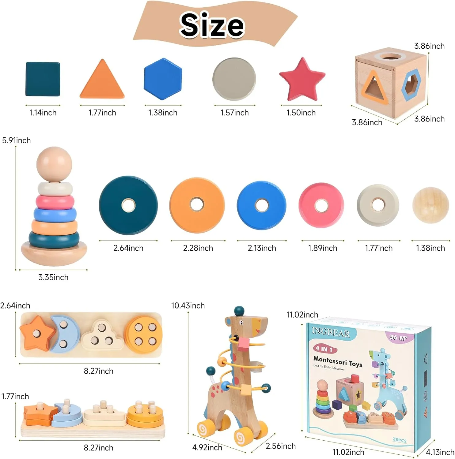 and Baby Learning Toys for Toddlers Aged 1-3 (Log) 4-in-1 ductile veteran Wooden Montessori Toys for 1  Year Old, Educational Sensory 