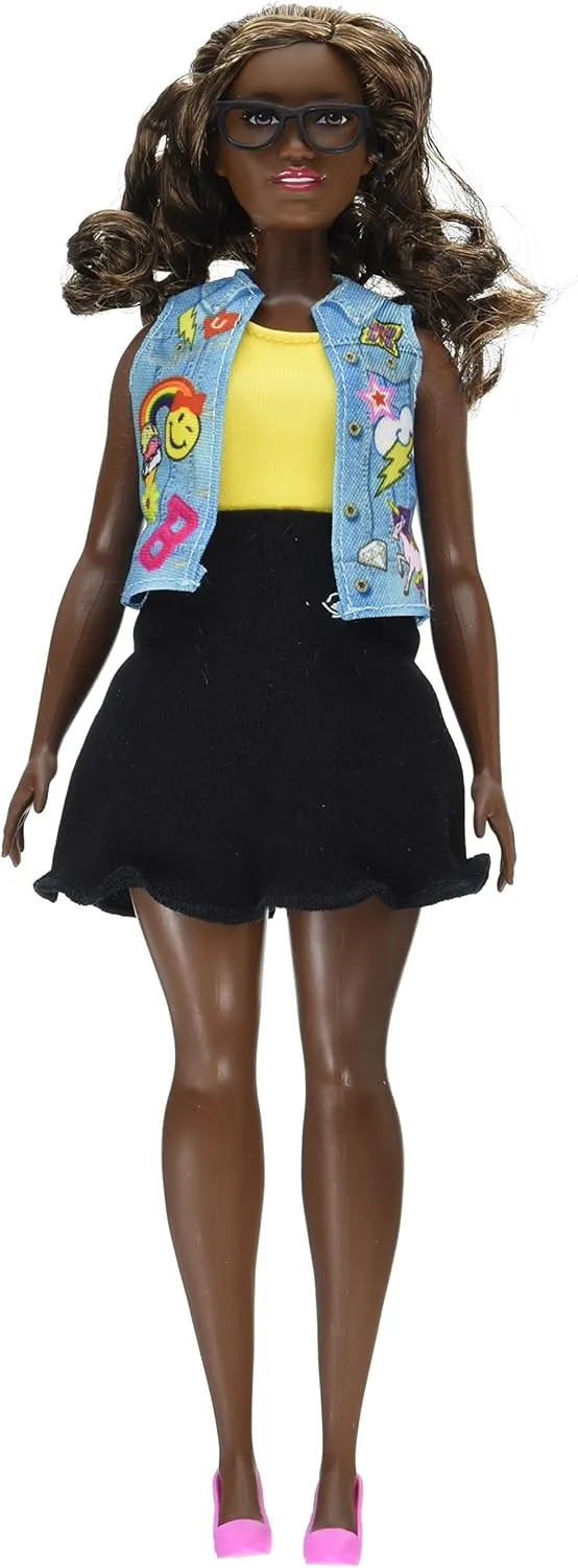 and carbonization platform delicate principally Black Skirt Barbie Curvy African-American Doll in Denim Emoji Vest 
