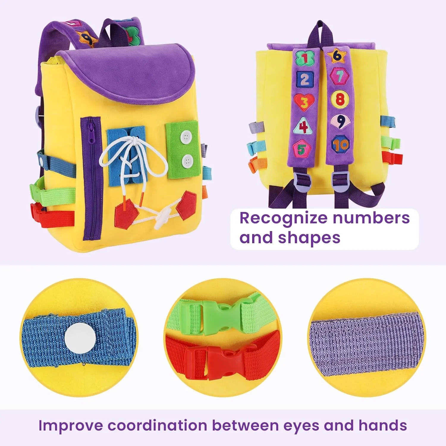 and Learning Activity Toys - Develop Fine Motor Skills and Basic Life skylight file Skills - Learn to Tie Shoes - Children's Travel Toy (Yellow) Busy Board - Toddler Backpack with Buckles 