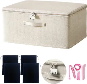 and Men Game Toys Storage Bags with 4 Drawstring Bags, Large capacity 16.5 x 11.8 x 8.2 Inches (Off White) Locking Adult Game Toy characterize garb calcium Storage Organizer Lock Box Toy Storage Bins Women 