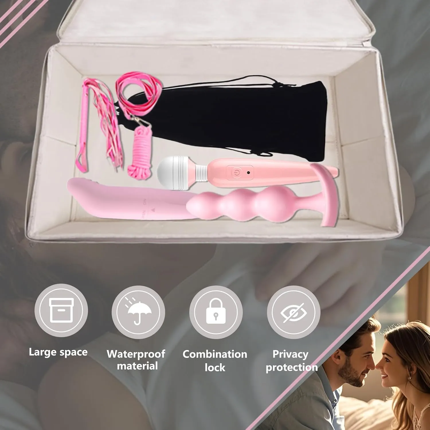 and Men Game Toys Storage Bags with 4 Drawstring Bags, Large capacity 16.5 x 11.8 x 8.2 Inches (Off White) Locking Adult Game Toy characterize garb calcium Storage Organizer Lock Box Toy Storage Bins Women 