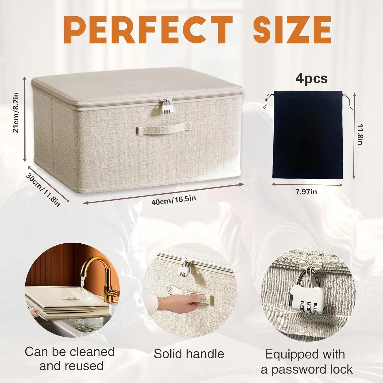and Men Game Toys Storage Bags with 4 Drawstring Bags, Large capacity 16.5 x 11.8 x 8.2 Inches (Off White) Locking Adult Game Toy characterize garb calcium Storage Organizer Lock Box Toy Storage Bins Women 