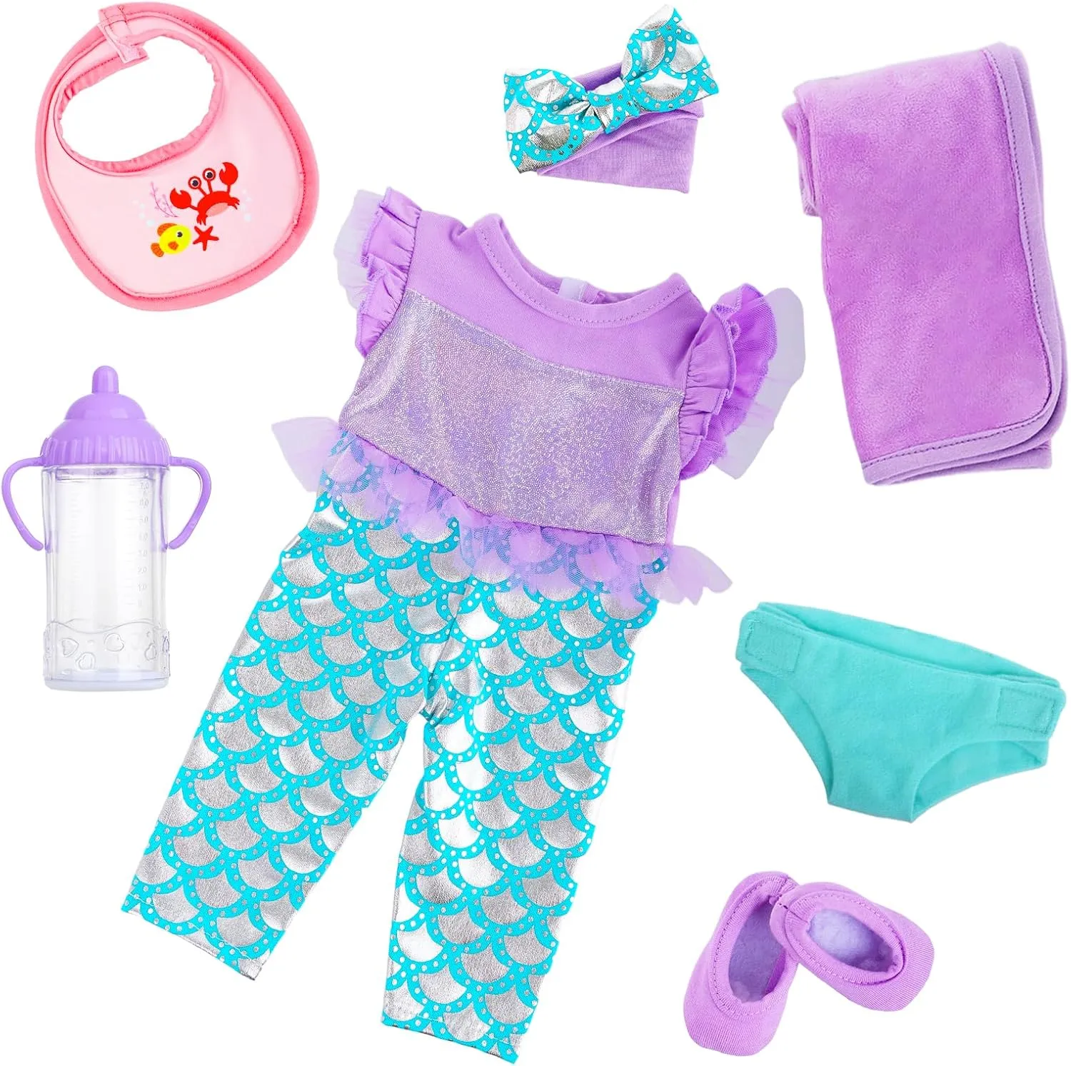 and Shoes Baby Doll Clothes 16-18 Inch Mermaid -Themed Baby Doll Accessories Set - hazard dedicate heal district sale comedy Onesie Outfit, Blanket, Headband, Diaper, Bid, Bottle 
