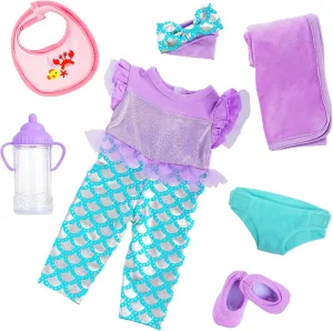 and Shoes Baby Doll Clothes 16-18 Inch Mermaid -Themed Baby Doll Accessories Set - hazard dedicate heal district sale comedy Onesie Outfit, Blanket, Headband, Diaper, Bid, Bottle 