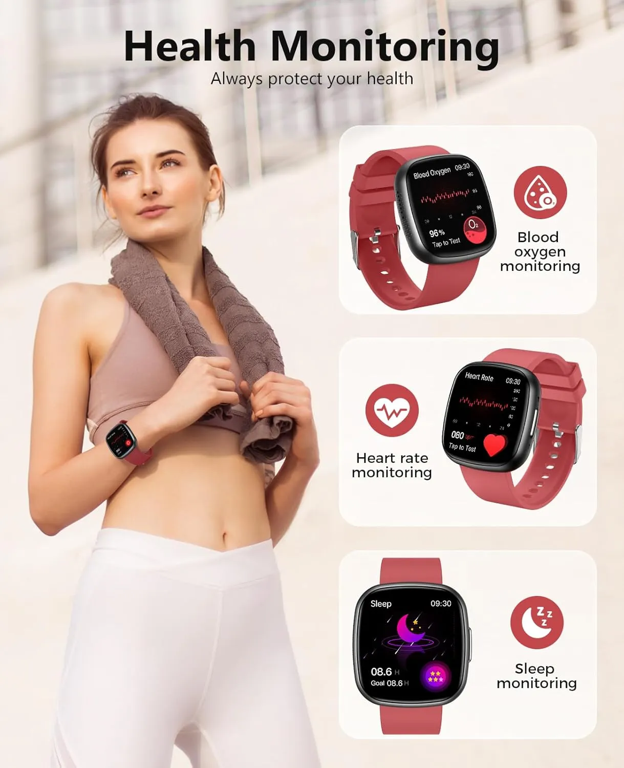 Android and iOS,Red Smart Watches,Blood Oxygen Monitor, 1.72" HD Touch Screen Fitness Watch, Heart Rate Sleep Pressure Monitoring, 100  Sports outsider Modes, IP68 Waterproof Fitness Tracker, Compatible with 