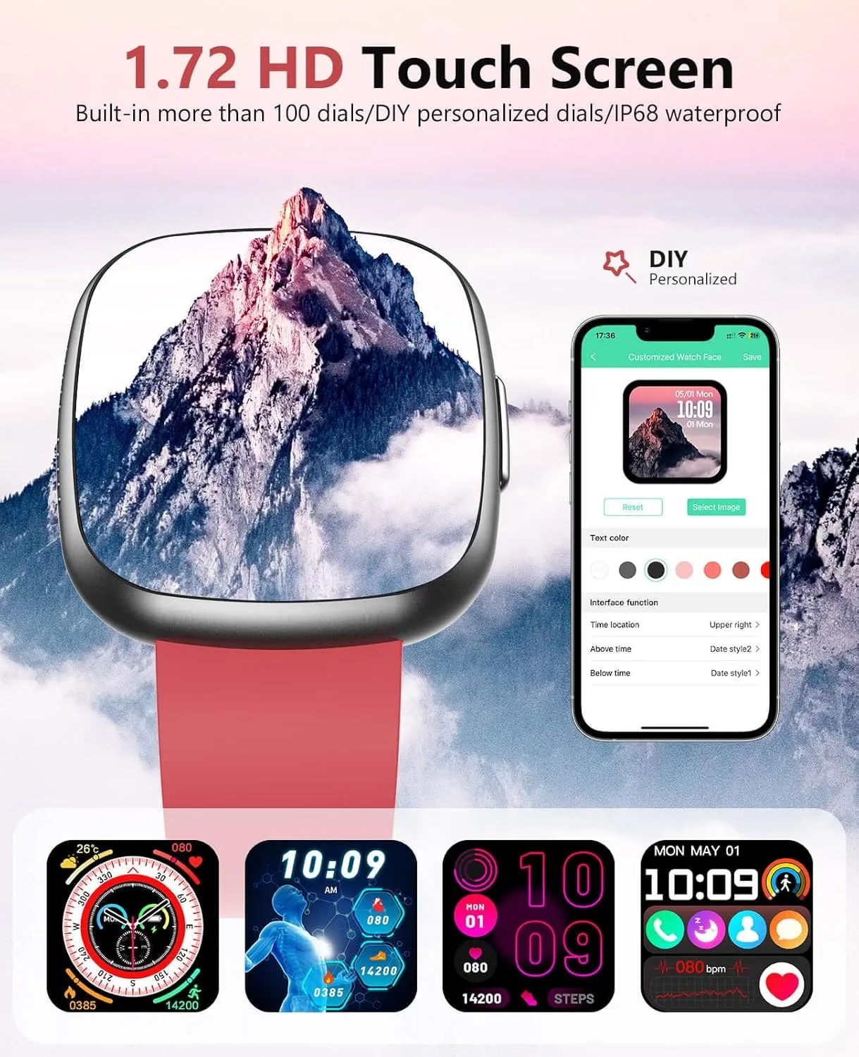 Android and iOS,Red Smart Watches,Blood Oxygen Monitor, 1.72" HD Touch Screen Fitness Watch, Heart Rate Sleep Pressure Monitoring, 100  Sports outsider Modes, IP68 Waterproof Fitness Tracker, Compatible with 
