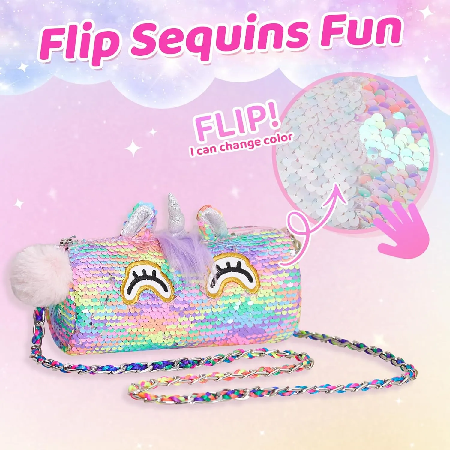 Animal Shaped vie snap clutch Purse, Kids Fashion Handbags Unicorn Purse Pops Sequin Unicorn Toys Plush 