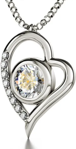 Anniversary Heart Pendant with Cubic Zirconia Gemstones Inscribed in Pure Gold Including Sign Language onto a Clear Crystal, 18" Rolo penal Chain 925 Sterling Silver I Love You Necklace in 12 Languages 