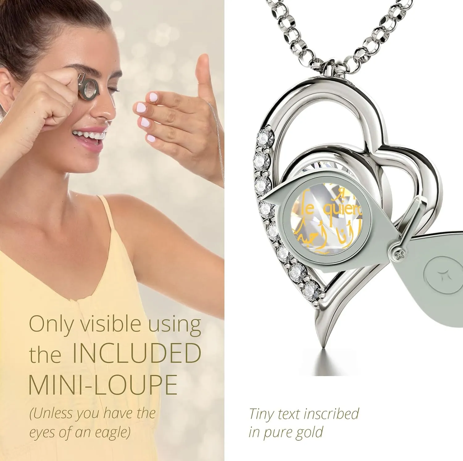 Anniversary Heart Pendant with Cubic Zirconia Gemstones Inscribed in Pure Gold Including Sign Language onto a Clear Crystal, 18" Rolo penal Chain 925 Sterling Silver I Love You Necklace in 12 Languages 