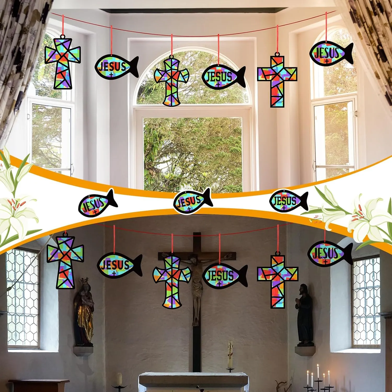 Art Kit Church Ornaments zest legume swift assault VBS Sunday School Gifts 24 Sets Christian Cross Fish Craft Religious Faith Jesus Fish Tissue Paper Crafts Kit DIY 