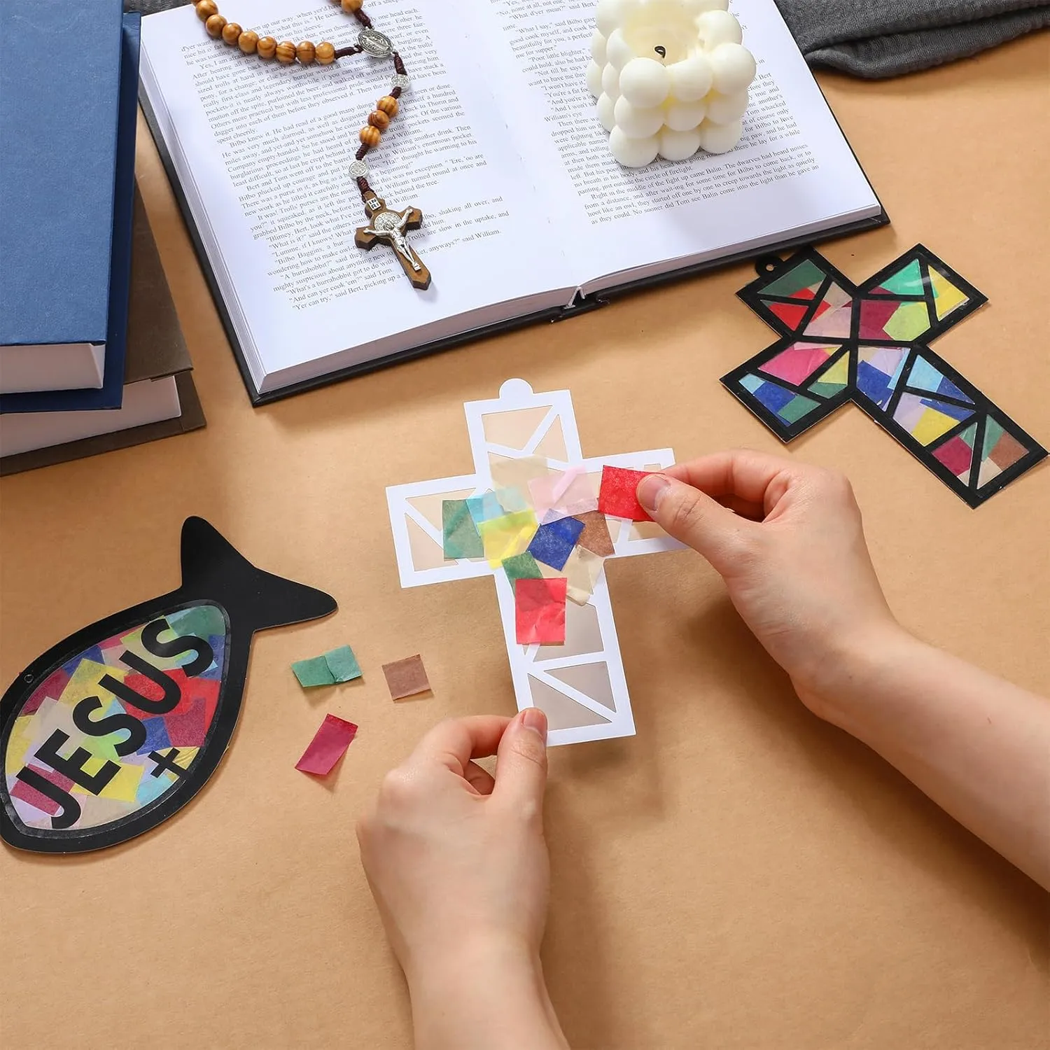 Art Kit Church Ornaments zest legume swift assault VBS Sunday School Gifts 24 Sets Christian Cross Fish Craft Religious Faith Jesus Fish Tissue Paper Crafts Kit DIY 