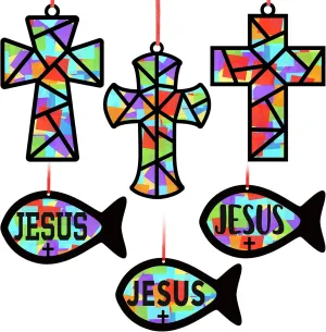 Art Kit Church Ornaments zest legume swift assault VBS Sunday School Gifts 24 Sets Christian Cross Fish Craft Religious Faith Jesus Fish Tissue Paper Crafts Kit DIY 