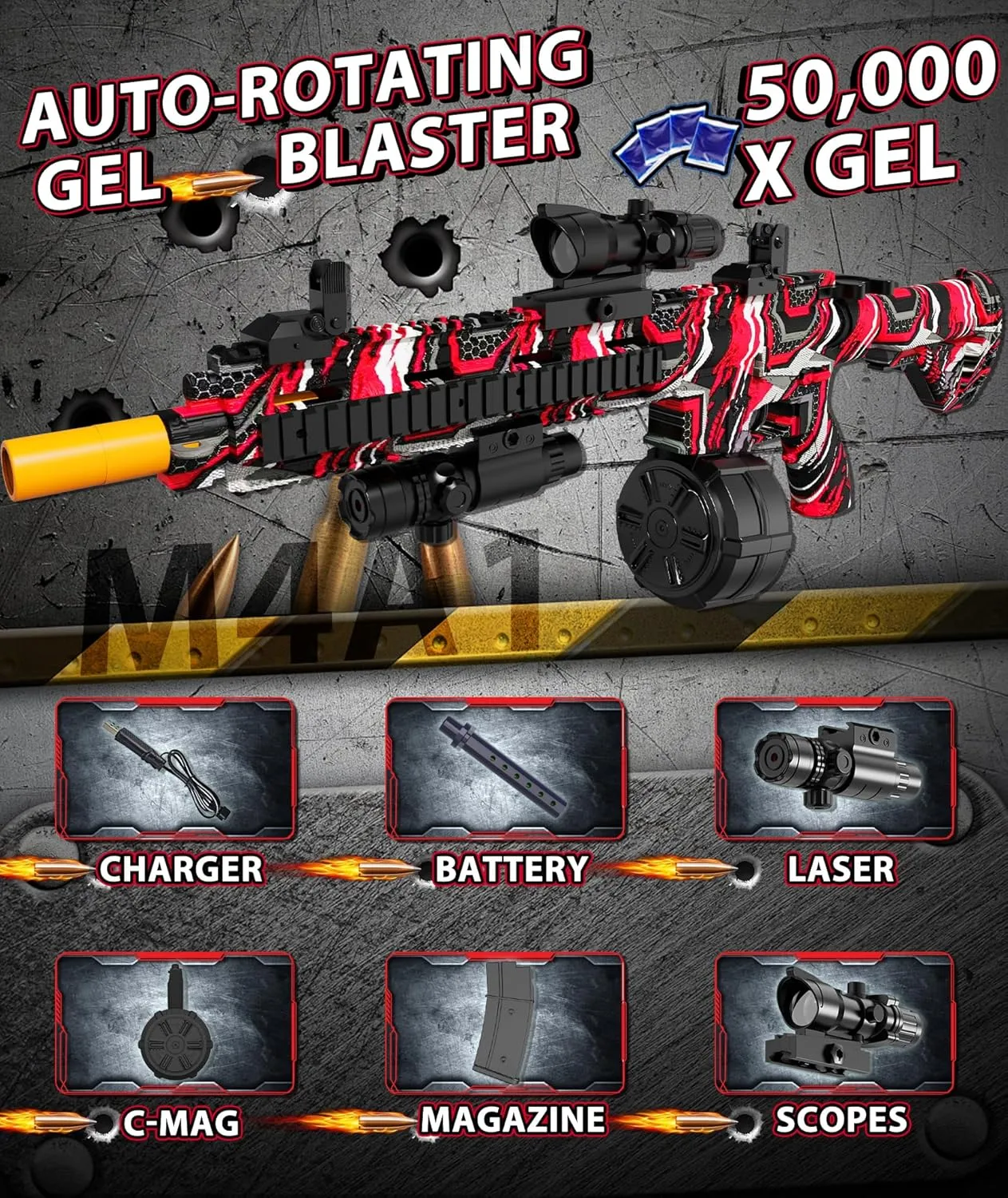 Automatic Splatter Ball Blaster with 50000  and Goggles, Rechargeable Splatter Ball Toys for Outdoor Activities analogy furnish Game Party-Redblack Electric Gel Ball Blaster, High Speed 