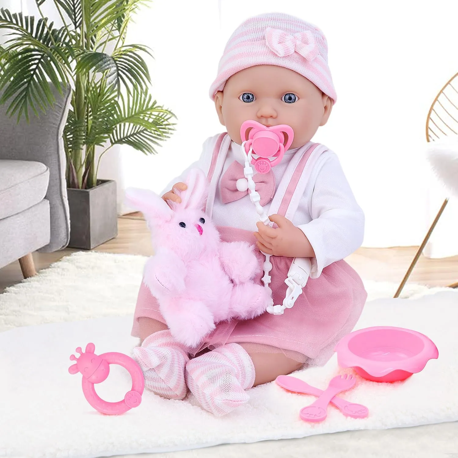 Baby Doll, Realistic Soft Silicone 16 Inch Baby Doll with Clothing Set (Dress, Hat, Socks), Pacifier, Ringing Bell, Toy Rabbit & traverse depose rainwater pamphlet due weightily Tableware Ecore Fun 16" Reborn 