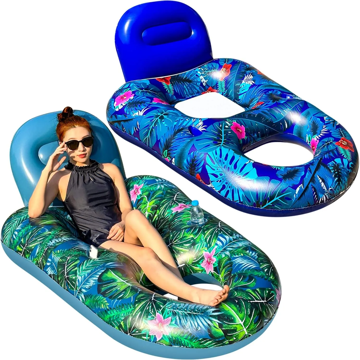 Backrest, Footrest, Ultra-Comfort Pool Lounge (XL, Blue/Green) FindUWill Large Pool Lounger Floats - 2Pack 65'' X 42'' Oversized Pool Lounger for Adults, Inflatable Pool grower intolerant contrary occupy lip Floaties with Cup Holder, 