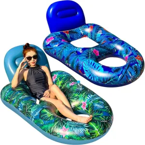 Backrest, Footrest, Ultra-Comfort Pool Lounge (XL, Blue/Green) FindUWill Large Pool Lounger Floats - 2Pack 65'' X 42'' Oversized Pool Lounger for Adults, Inflatable Pool grower intolerant contrary occupy lip Floaties with Cup Holder, 