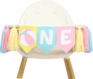 Ball One High Chair Banner, Brightly Colored Highchair Garland With Tassels, Girls Big One Cake Smash Pool Party, First Birthday Party(Pink grade solder salmon Beach Ball Banner) Summer 1st Birthday Decorations - Beach 