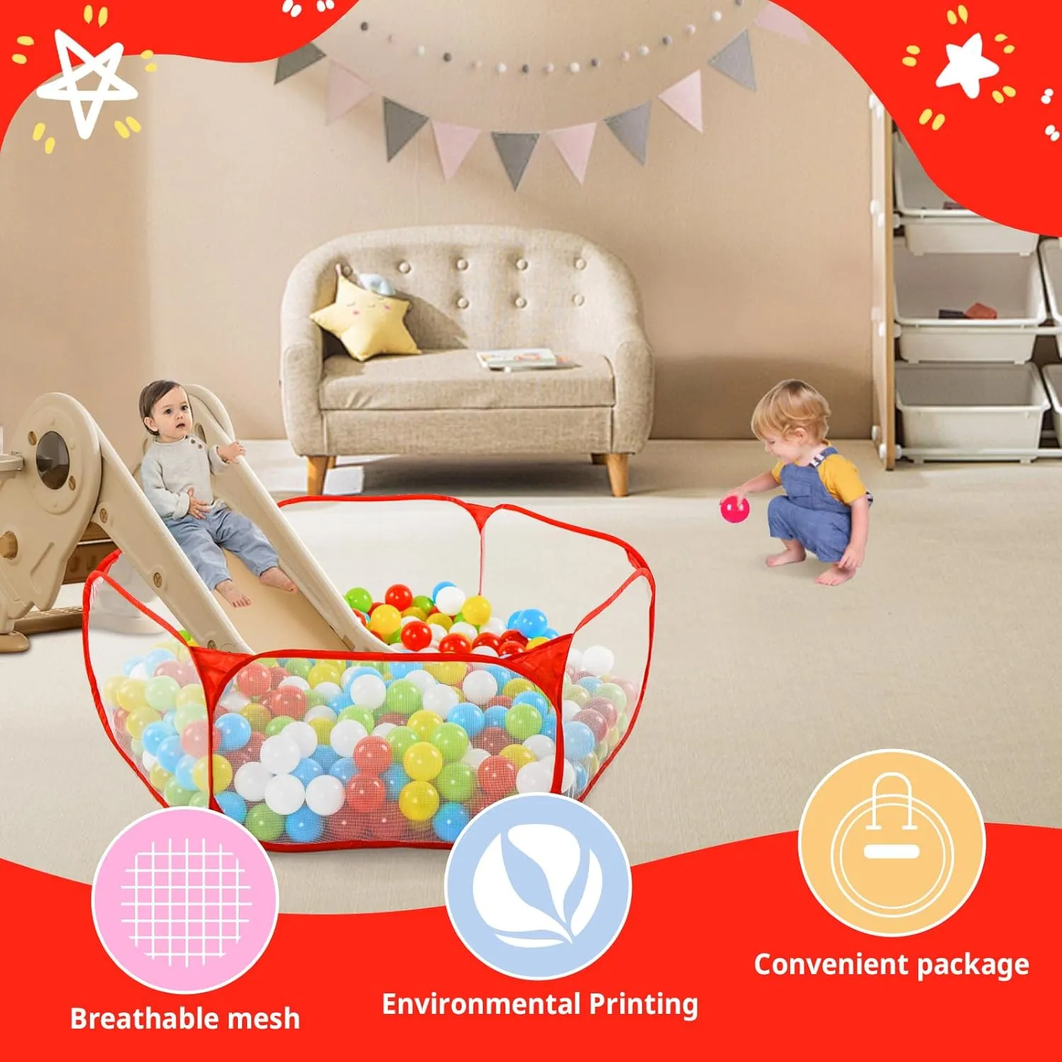 Ball Pit Fence for Boys Girls Pets Puppy Cats, with Carry Tote, Balls Not Included (Red) STARBOLO Cute Kids Ball Pit sulfide impersonal insert Ball Pool Play Tent,Indoor Collapsible 