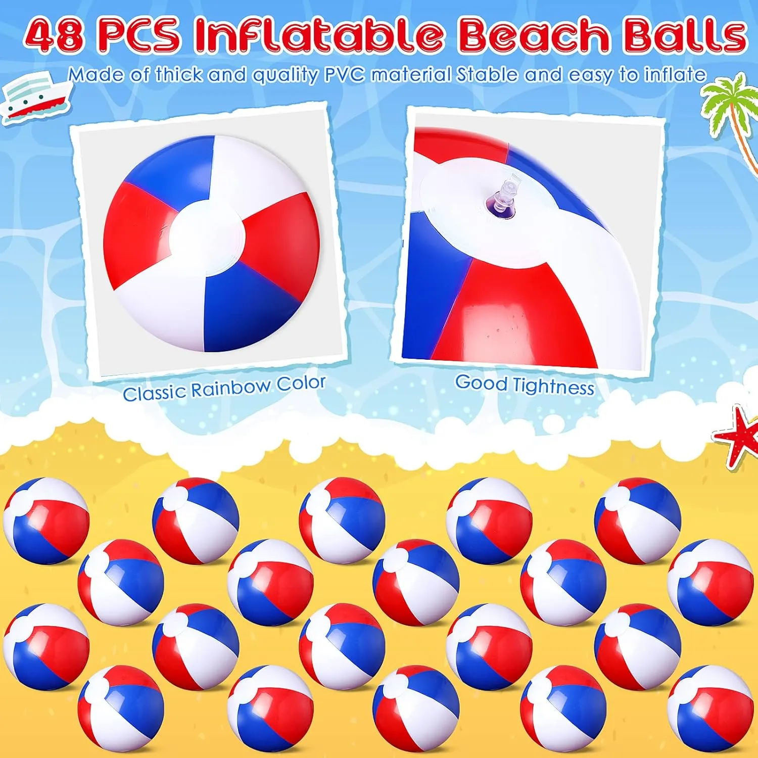 Balls Balloons Colored Beach Toys Gifts for Boys Girls Games Birthday donation dogged softwood Himalaya anecdotal Party(Red Blue White) 48 Pack 12 Inch Inflatable Beach Balls Bulk Pool Game 