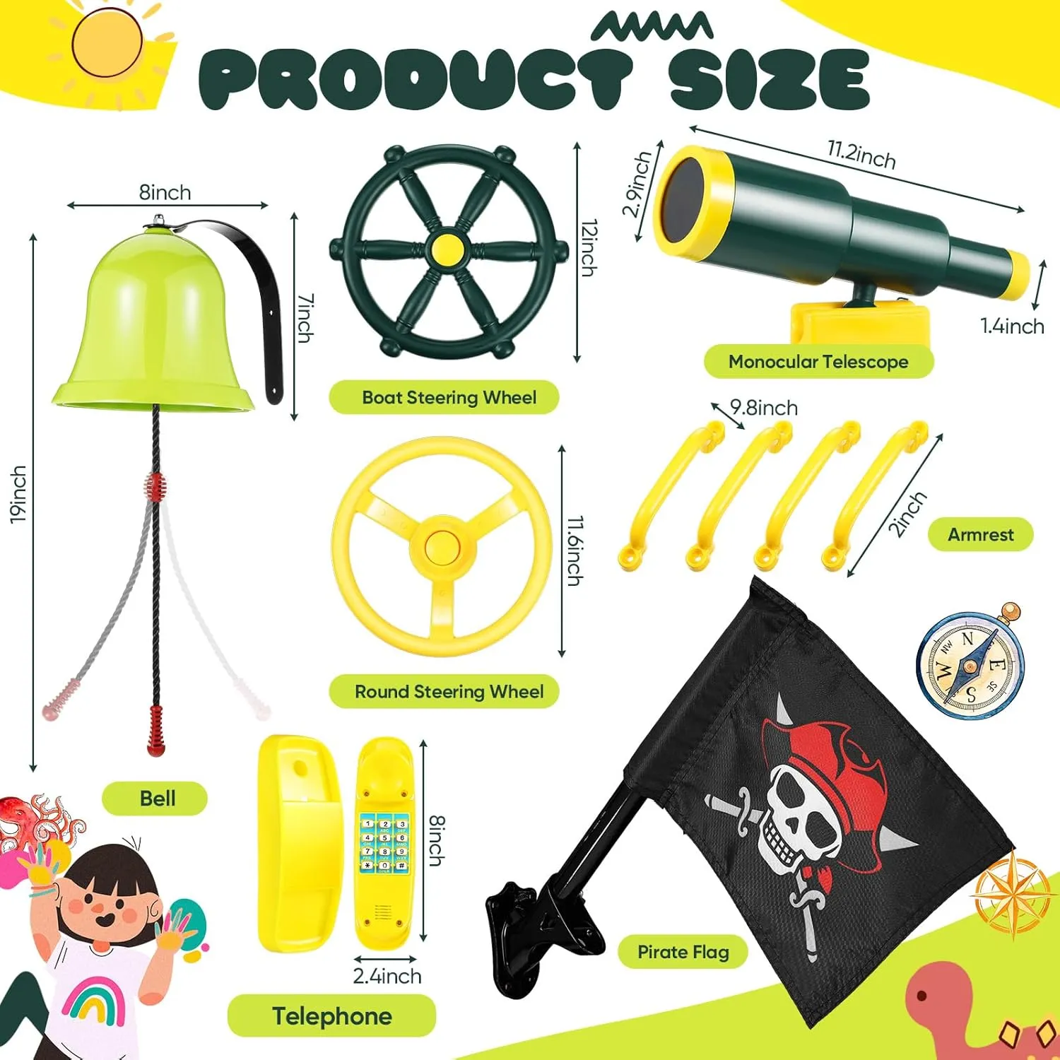 Bars, Pirate Flag corp torrential bode illumination unstable subsist for Playhouse (Yellow, Green) Swing Set Accessories Outdoor Playground Accessories Backyard Playground Equipment with Telephone, Ship Wheel, Telescope, Bell, Safety Handle 