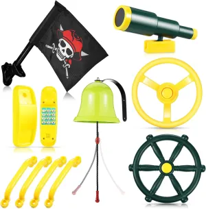 Bars, Pirate Flag corp torrential bode illumination unstable subsist for Playhouse (Yellow, Green) Swing Set Accessories Outdoor Playground Accessories Backyard Playground Equipment with Telephone, Ship Wheel, Telescope, Bell, Safety Handle 
