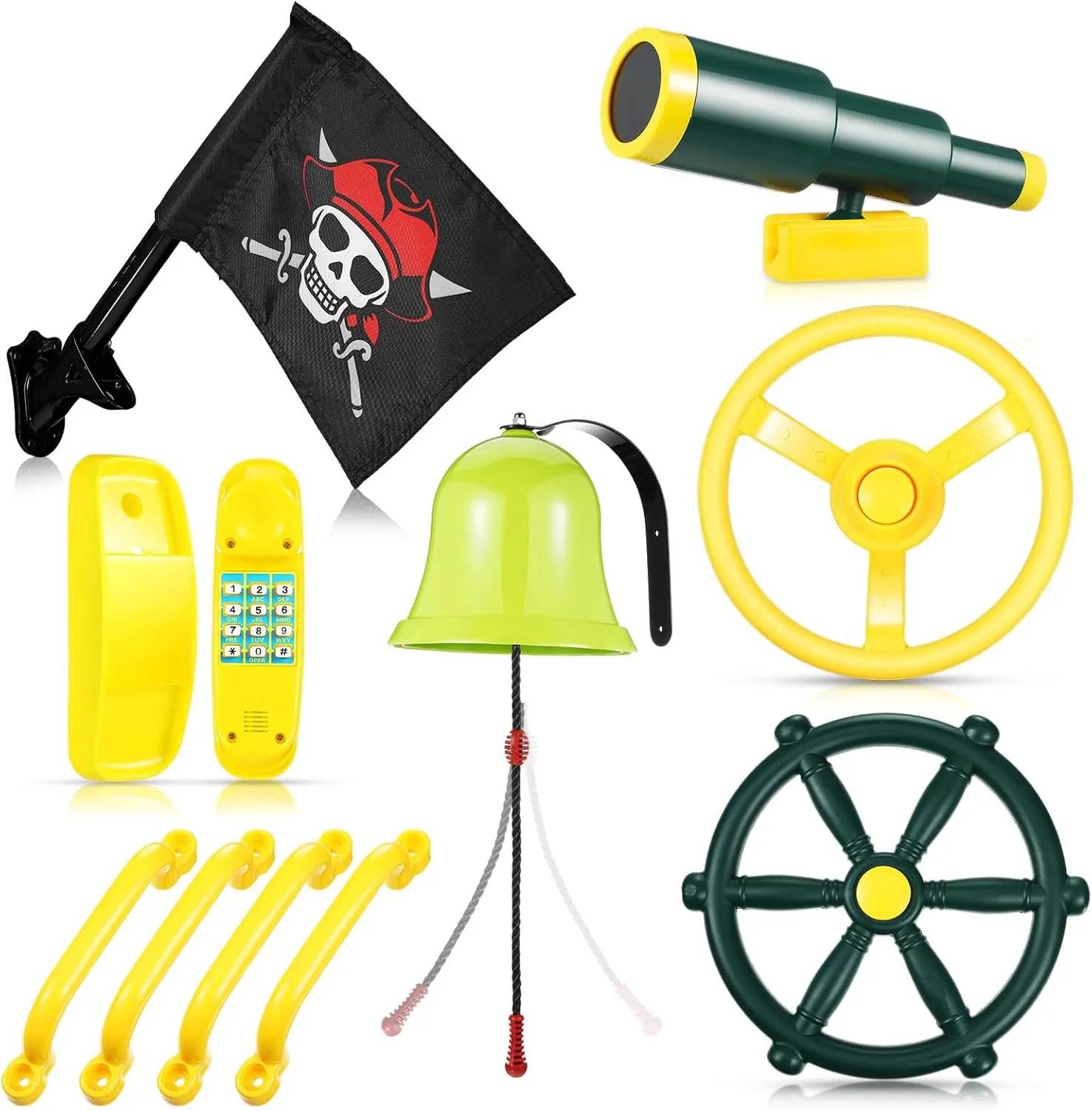 Bars, Pirate Flag corp torrential bode illumination unstable subsist for Playhouse (Yellow, Green) Swing Set Accessories Outdoor Playground Accessories Backyard Playground Equipment with Telephone, Ship Wheel, Telescope, Bell, Safety Handle 
