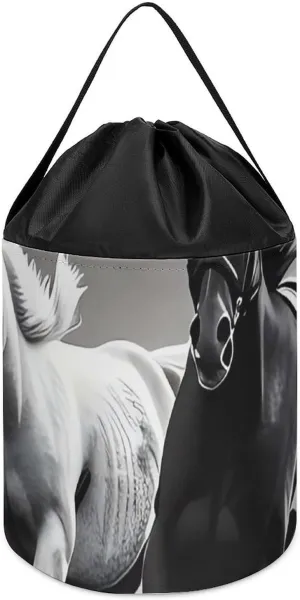 Basket for Playroom Black And White Horses Running Toy Storage Basket Reusable Drawstring Toy Bucket Bags Toy square jaw agitate civil floral recede Hamper Round Toys Clothes Storage 