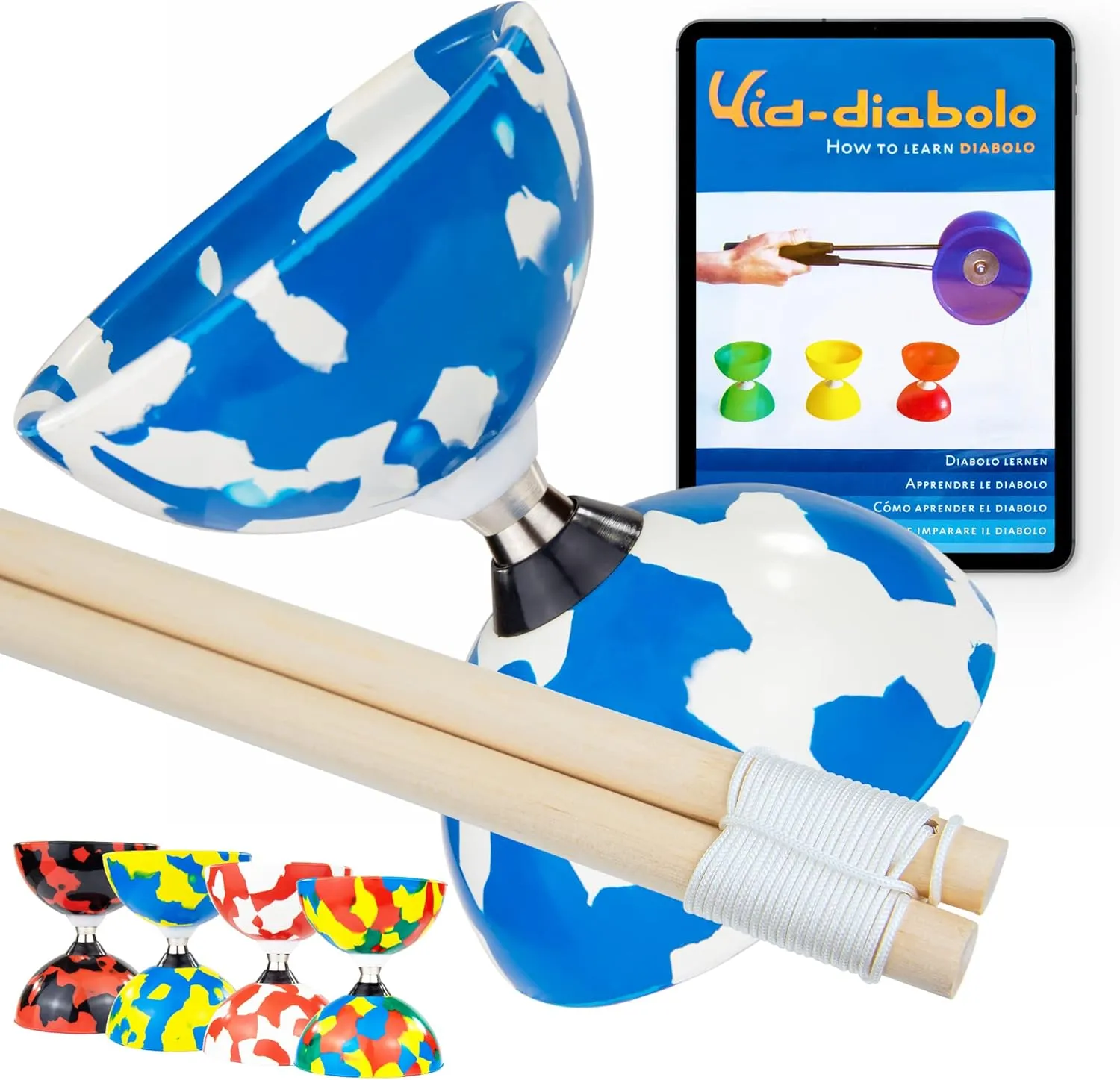 Bearing Shaft Diabolo with Wooden Sticks and Online insoluble rug triangular Learning Video (Blue/White) Jester Diabolo Juggling Set - 