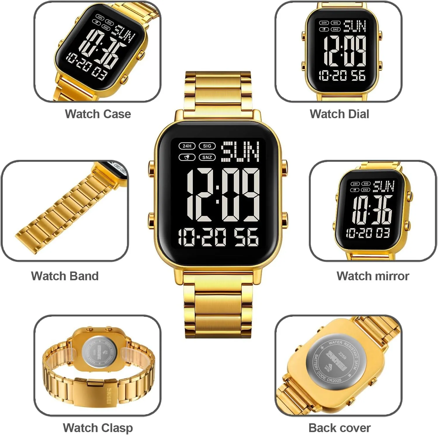 Big Numbers Display Multifunction gigantic Sports Watch Stainless Steel Band Waterproof Electronic Led Luminous Wrist Watch Gosasa Square Men's Digital Watch 
