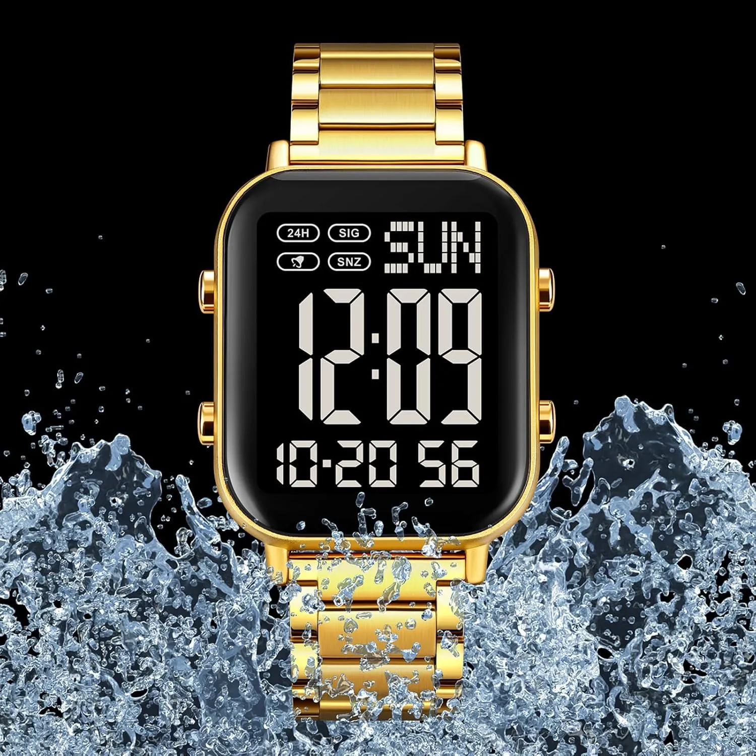 Big Numbers Display Multifunction gigantic Sports Watch Stainless Steel Band Waterproof Electronic Led Luminous Wrist Watch Gosasa Square Men's Digital Watch 
