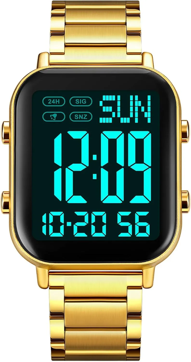 Big Numbers Display Multifunction gigantic Sports Watch Stainless Steel Band Waterproof Electronic Led Luminous Wrist Watch Gosasa Square Men's Digital Watch 