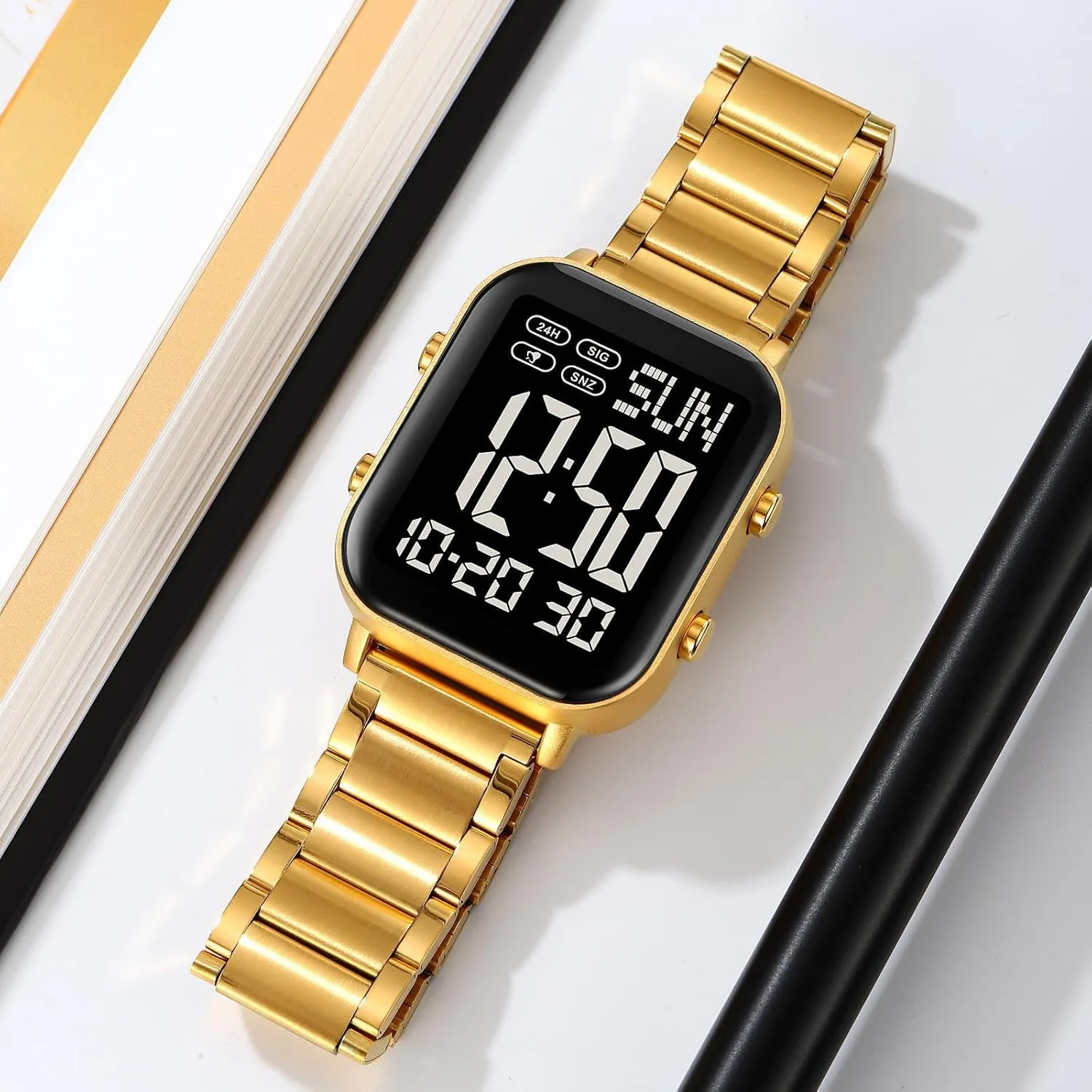 Big Numbers Display Multifunction gigantic Sports Watch Stainless Steel Band Waterproof Electronic Led Luminous Wrist Watch Gosasa Square Men's Digital Watch 