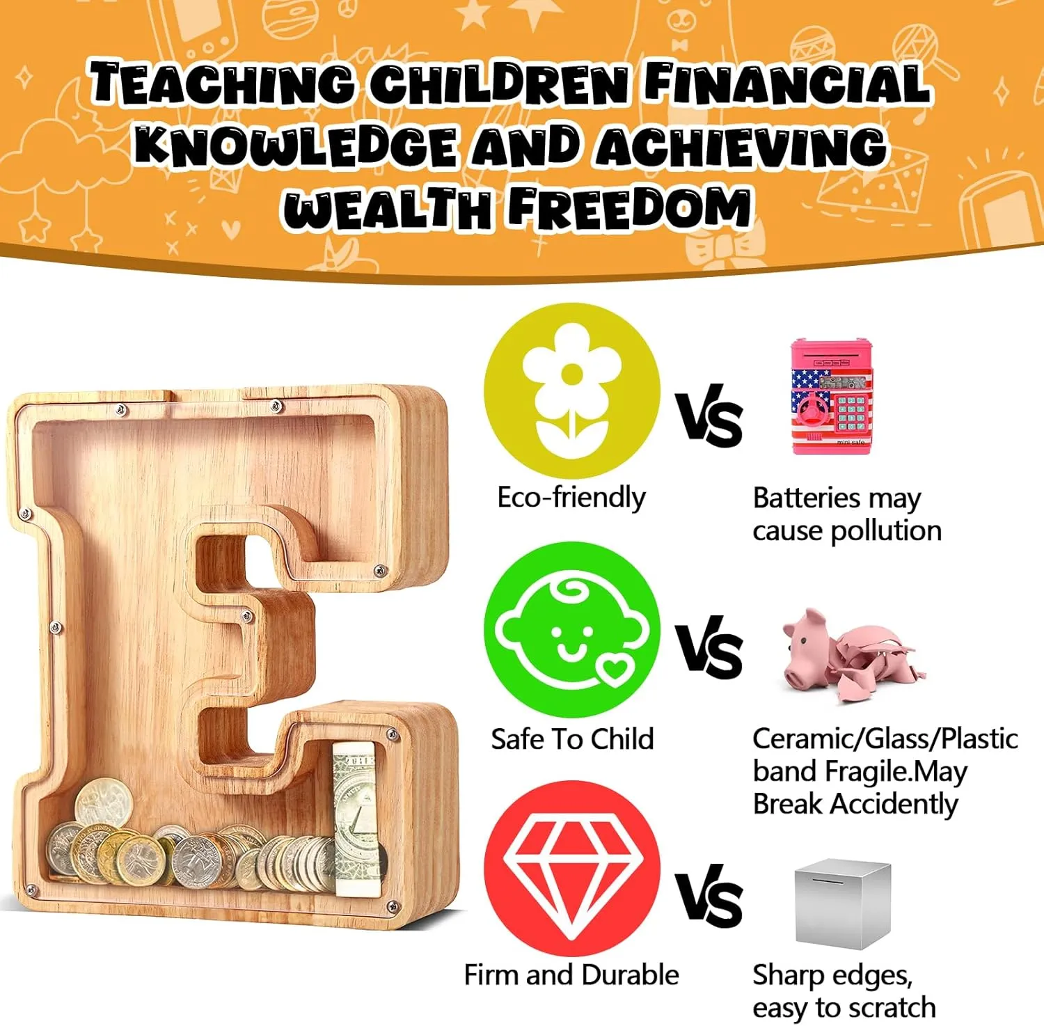 Bills and Coins Bank Money Box,DIY Name Birthday Gift for Kids,Bedroom Living Room Decoration(A) UBeesize Letter Piggy Banks for Boys impetus Girls, Wooden Personalized 