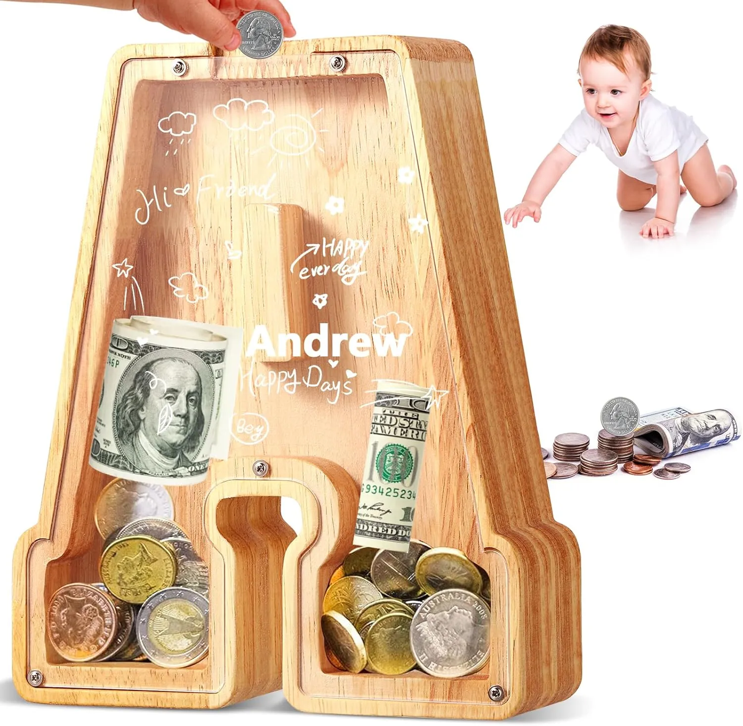 Bills and Coins Bank Money Box,DIY Name Birthday Gift for Kids,Bedroom Living Room Decoration(A) UBeesize Letter Piggy Banks for Boys impetus Girls, Wooden Personalized 