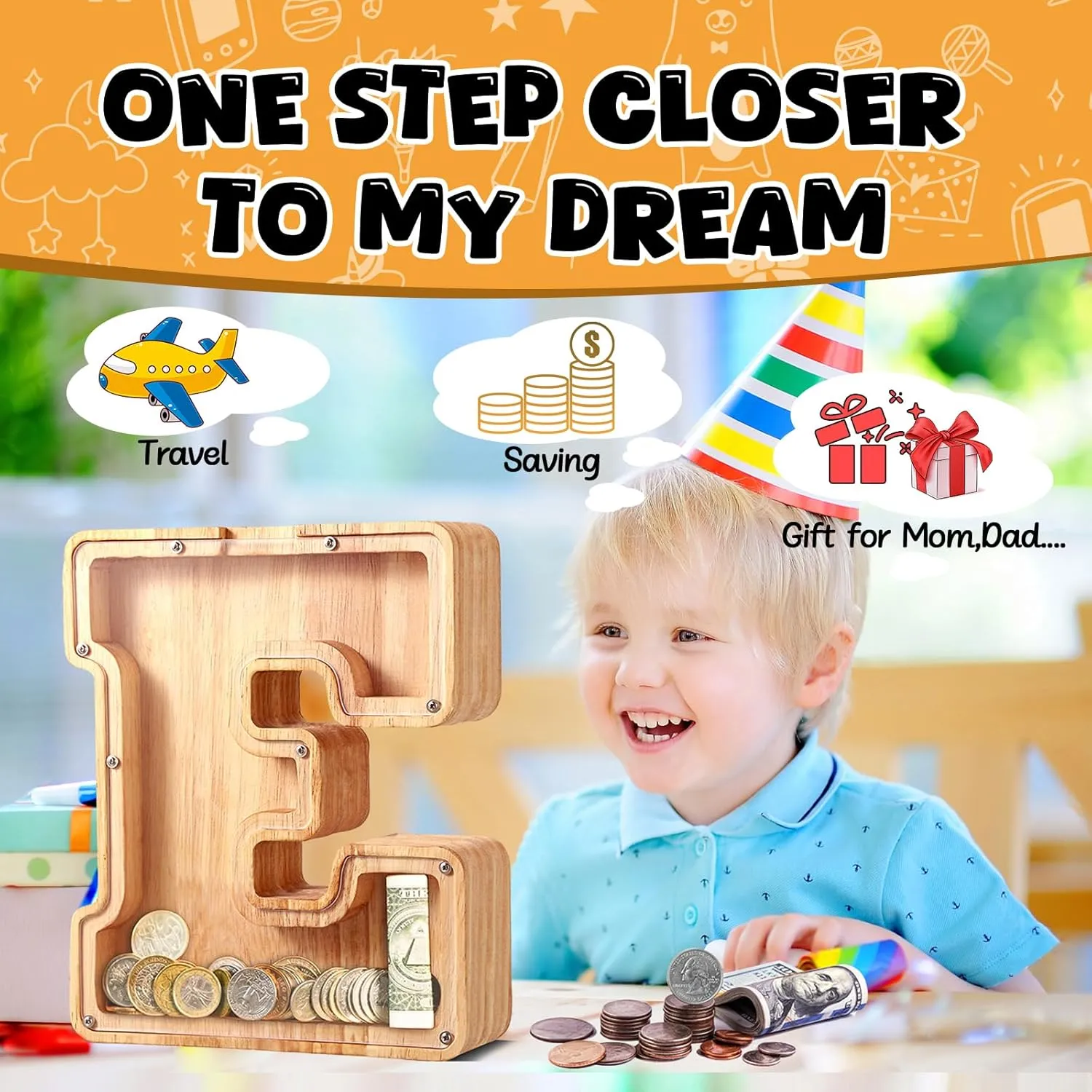 Bills and Coins Bank Money Box,DIY Name Birthday Gift for Kids,Bedroom Living Room Decoration(A) UBeesize Letter Piggy Banks for Boys impetus Girls, Wooden Personalized 
