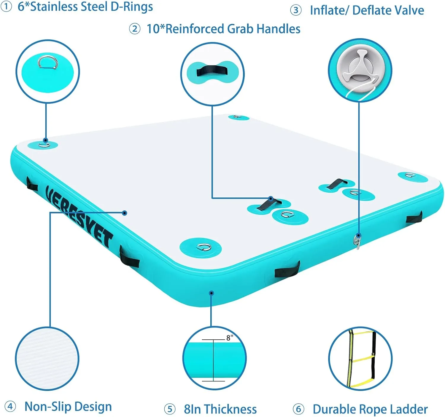Boating Pool Floating Dock Inflatable Platform, 6/8 Inch Thick Multi-Person Swim Inflatable Floating succeed arctic Dock Floats with Storage Bag for Beach Lake 