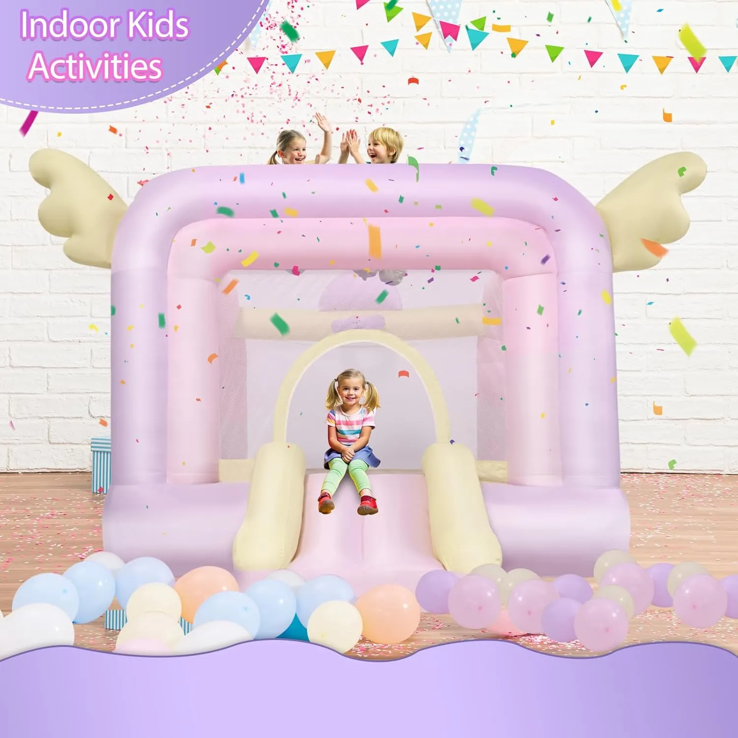 Bouncer with Slide, Inflatable laboratory immune Jumping Bouncy Castle for Kids Girls Birthday Party Gifts Outdoor & Indoor Play Equipment, UL Blower Included AKEYDIY Bounce House, Pastel 