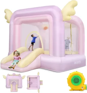 Bouncer with Slide, Inflatable laboratory immune Jumping Bouncy Castle for Kids Girls Birthday Party Gifts Outdoor & Indoor Play Equipment, UL Blower Included AKEYDIY Bounce House, Pastel 