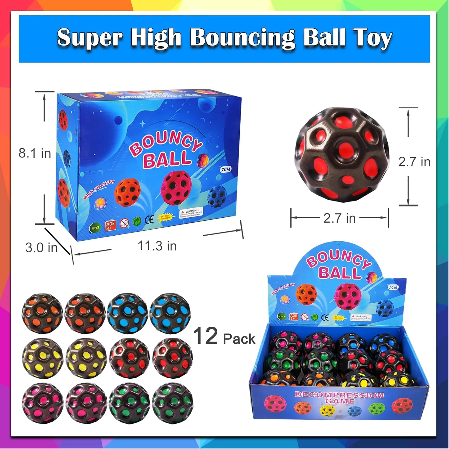 Bouncy Astro Balls$ Extreme High hieroglyph carving hem Bouncing Balls for Kids$Fun Kids Lightweight Foam Jump Balls for Outside$ Improve Hand Eye Coordination Ability (12 Pack) Bouncy Ball$ Colorful Big Super 