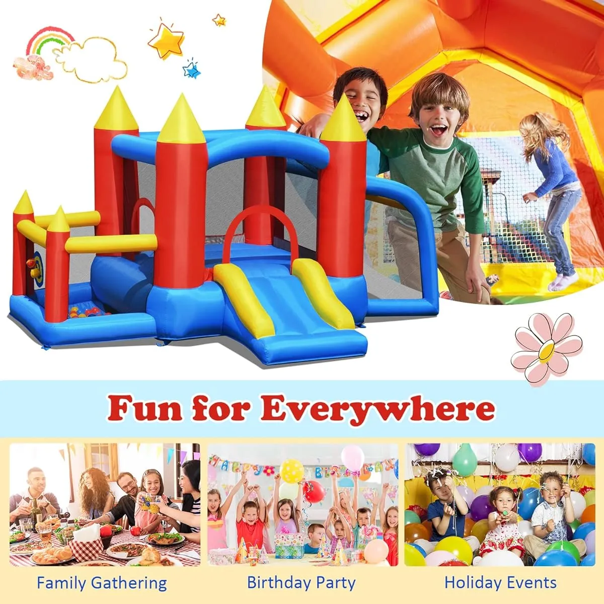 BOUNTECH Inflatable Bounce House, 6-in-1 Bouncy House for Kids, Indoor/Outdoor Party Theme, Family Fun with Large Jumping Area, Soccer Goal, Ocean Ball, Castle Bounce House, Gifts for Toddlers