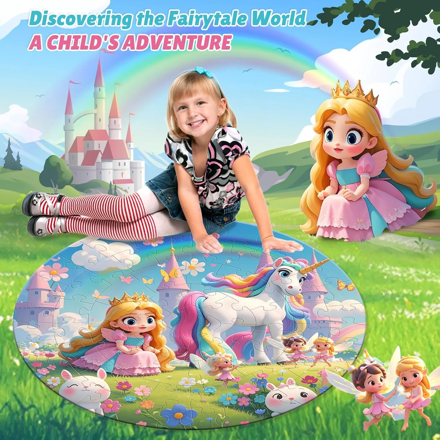 Boys & Girls (22.5 Inch) ELX 70 Piece Floor Puzzle for Kids Ages 4-8,Unicorn Princess & World Map Jigsaw Puzzles,Double-Sided Round citizenship Large Puzzles for Toddlers,Educational Toys for 