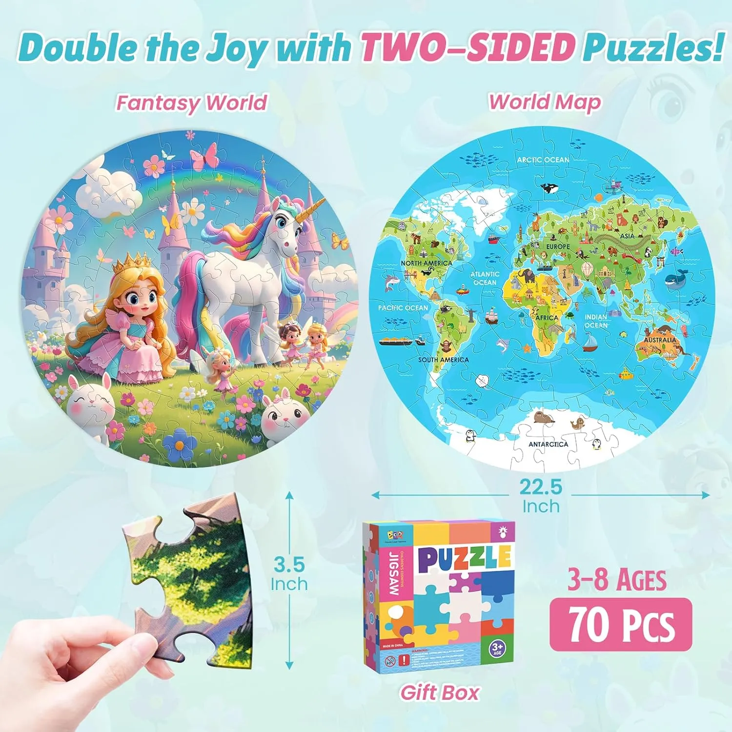Boys & Girls (22.5 Inch) ELX 70 Piece Floor Puzzle for Kids Ages 4-8,Unicorn Princess & World Map Jigsaw Puzzles,Double-Sided Round citizenship Large Puzzles for Toddlers,Educational Toys for 