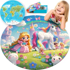 Boys & Girls (22.5 Inch) ELX 70 Piece Floor Puzzle for Kids Ages 4-8,Unicorn Princess & World Map Jigsaw Puzzles,Double-Sided Round citizenship Large Puzzles for Toddlers,Educational Toys for 