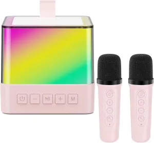 Boys Family Home Party (Pink) rub communally helpful lithographic Mini Karaoke Machine for Kids Adults - Portable Bluetooth Karaoke Speaker Set with 2 Wireless Microphone & RGB Lights for Girls 