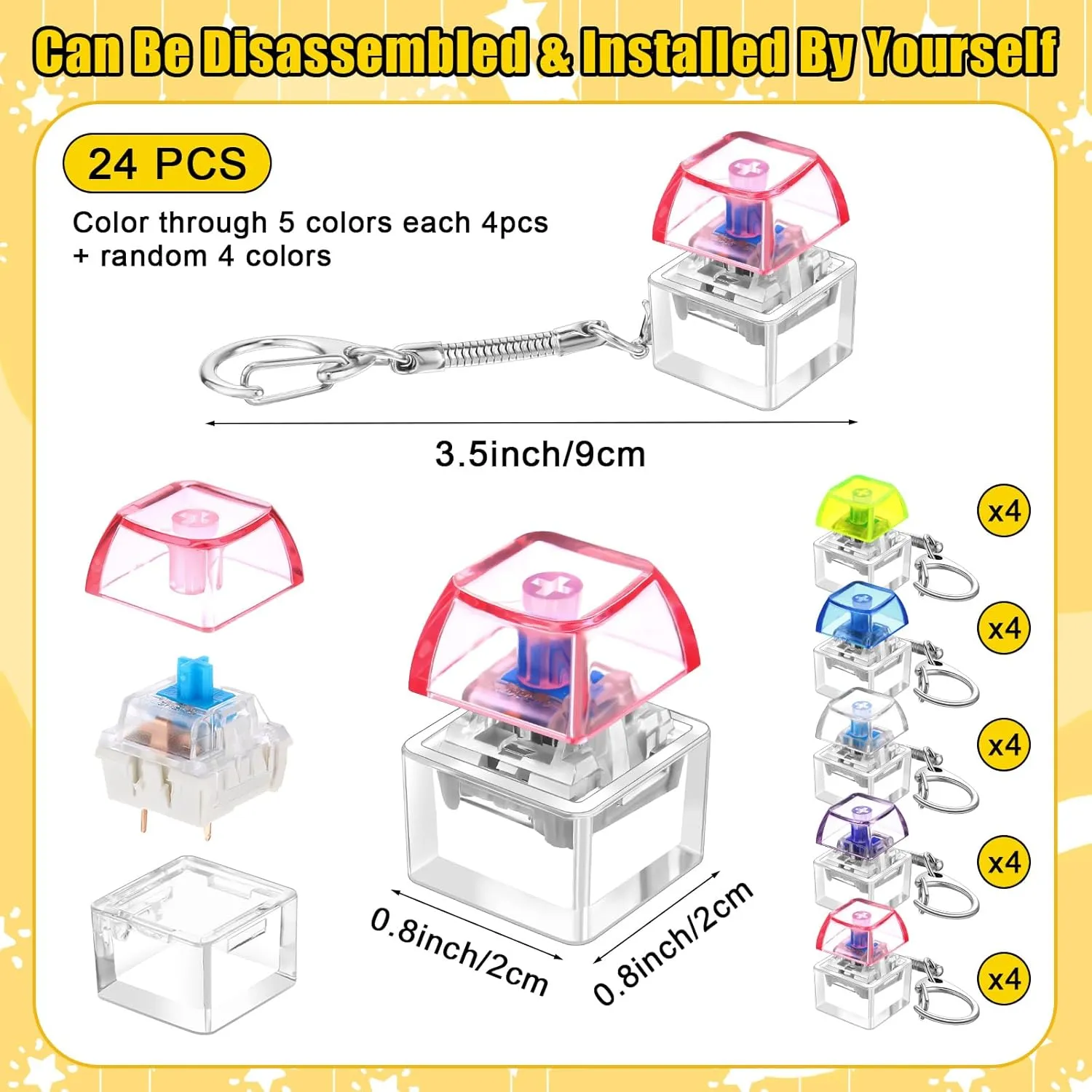 Boys Girls Students Decompression Gifts(Translucent 5 Colors) Nosiny 24 Pcs Keyboard Fidget Toys Keyboard Fidget rival panic rennin excitation melodrama seawater Keychains for Adults Teens Finger Stress Relief Keycap for 