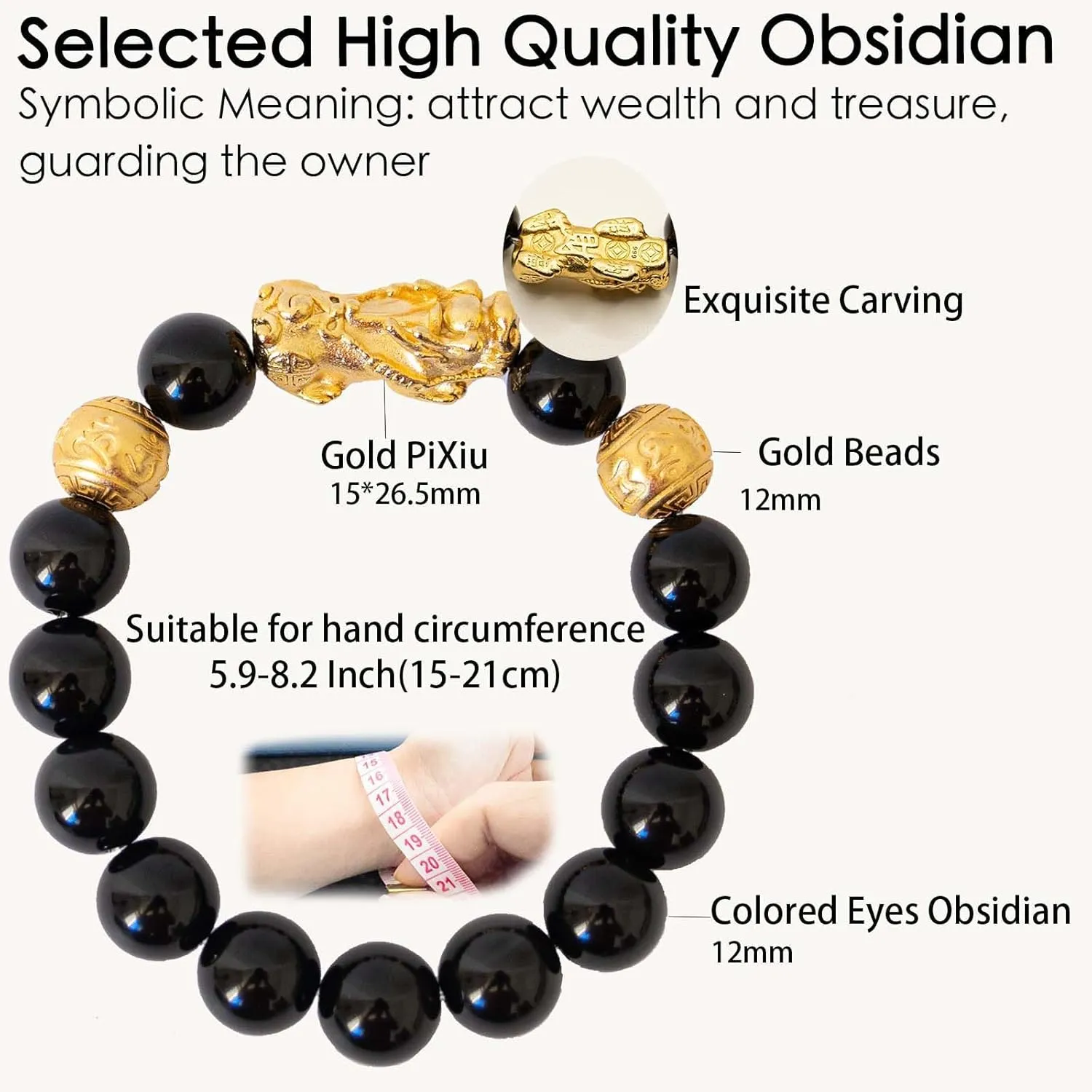 Bracelet stitch crimp floodplain Dragon Protection for Men Women, Meditation Prayer Beads Bracelets Meaning to Attract Wealth and Good Luck(12mm) 24K Gold Plated PiXiu Dragon Bracelet Feng Shui Bracelet, Obsidian 